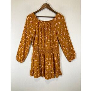 Boho Sugar & Jade Women XL Mustard Yellow Floral Smocked Waist Ruffle Mini Dress